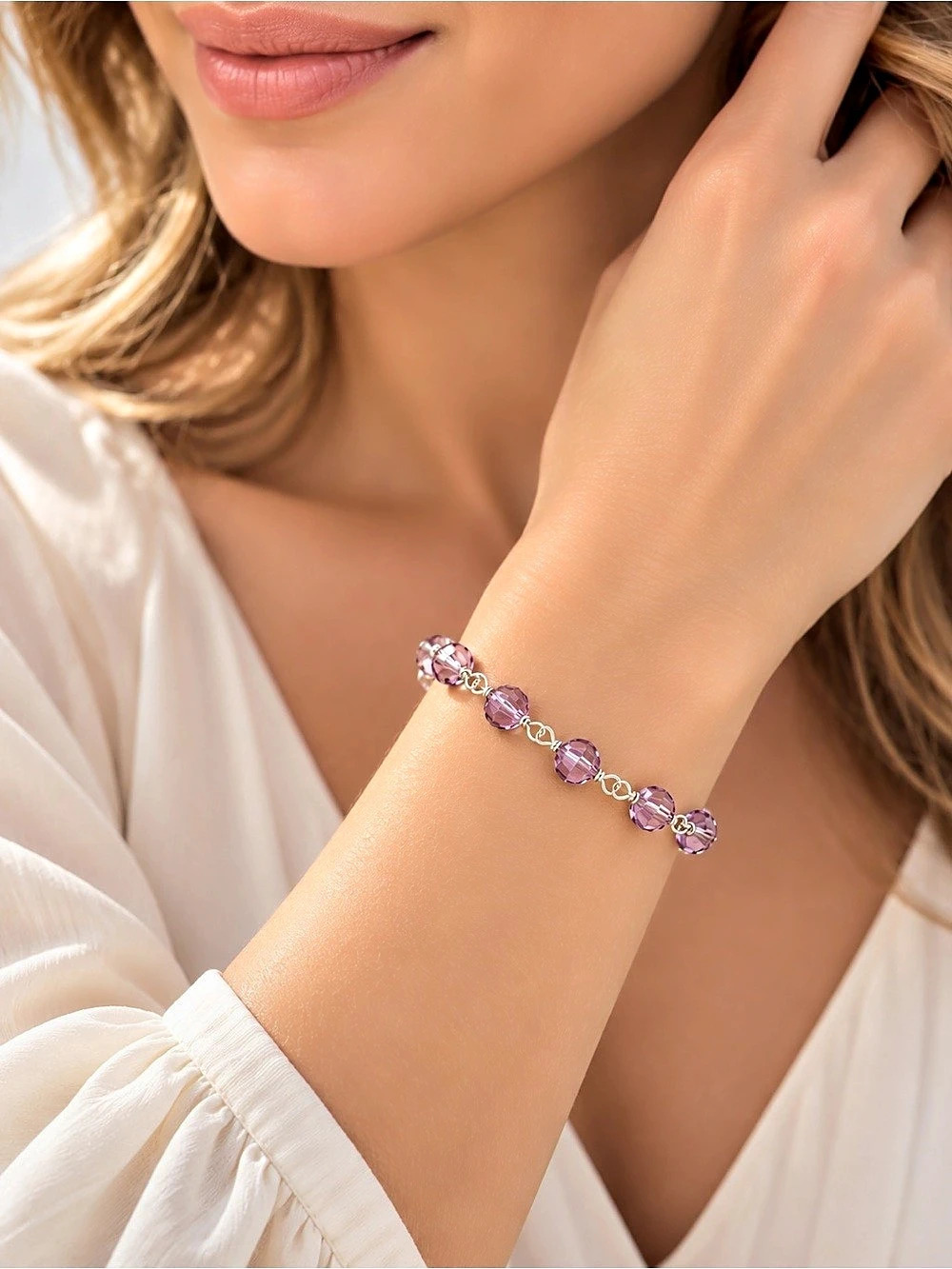 Handmade Swarovski Light Amethyst Crystal Silver Bracelet